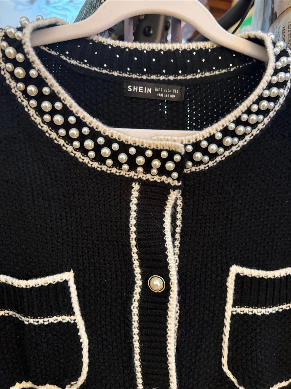 SHEIN Black Cardigan with Pearl-Trim and White Piping